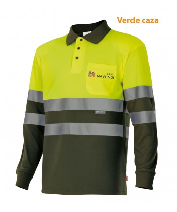 Polo de manga larga, bicolor verde caza/amarillo alta visibilidad y con bolsillo
