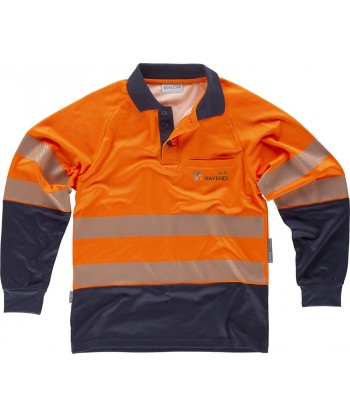 Polo bicapa de alta visibilidad de manga larga con cintas segmentadas color naranja flúor y marino