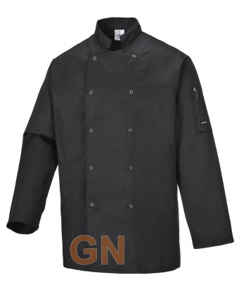 Chaqueta de cocina color negro, de manga larga con cierre de corchetes