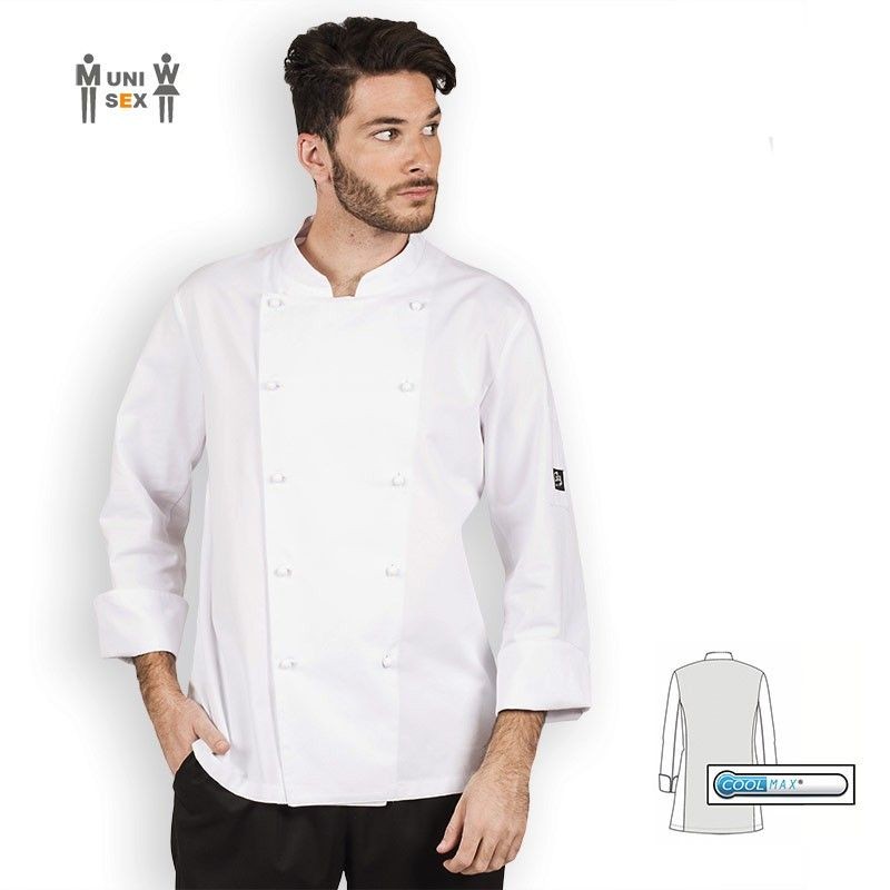Chaqueta de cocina de algodón egipcio y espalda en tejido Coolmax color blanco