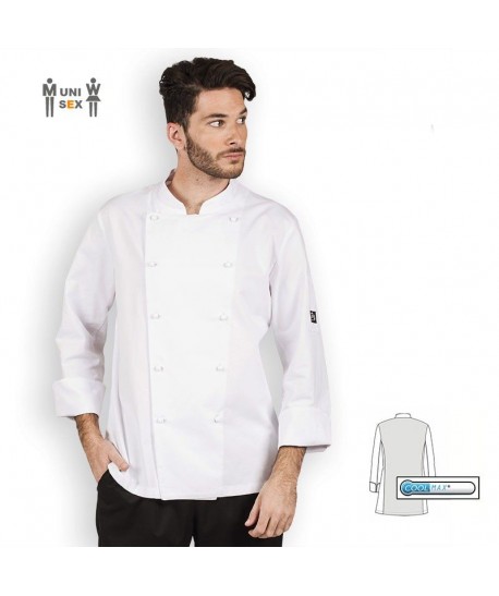Chaqueta de cocina de algodón egipcio y espalda en tejido Coolmax color blanco