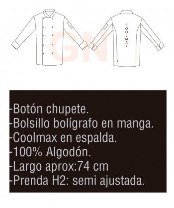 Chaqueta de cocina de algodón egipcio y espalda en tejido Coolmax color blanco
