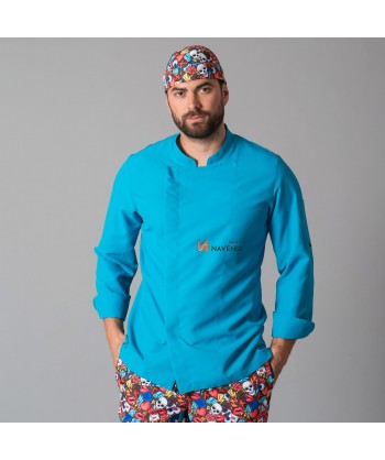 Chaqueta de cocinero con la espalda transpirable y manga tres cuartos color azul tuquesa