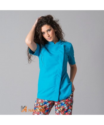 Chaqueta de cocinera de microfibra de manga corta y con la espalda transpirable  color azul turquesa