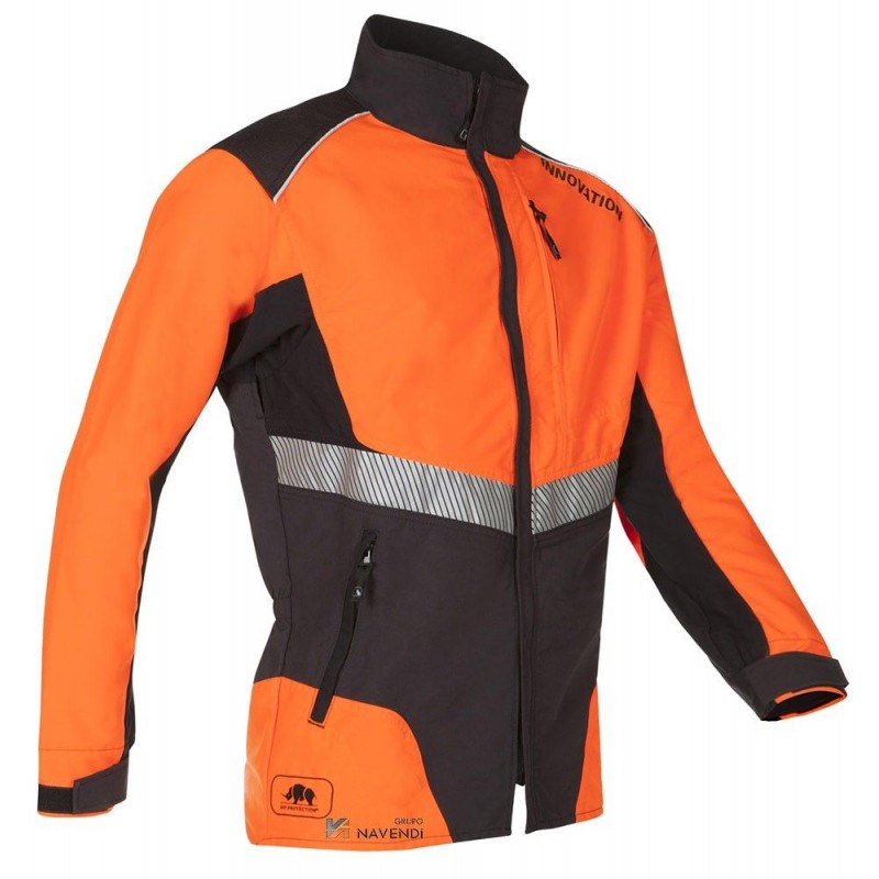 Chaqueta naranja de alta visibilidad con refuerzos y cintas reflectantes segmentadas