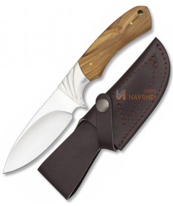 Cuchillo táctico para caza con virola de acero y mango de madera de olivo