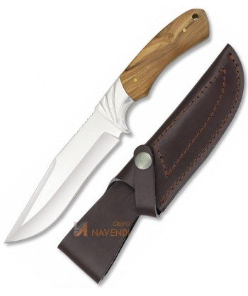 Cuchillo táctico para caza con virola de acero y mango de madera de olivo
