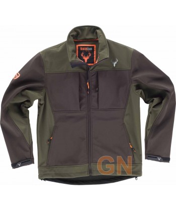 Cazadora softshell bicolor sin capucha, especial caza marrón/verde caza