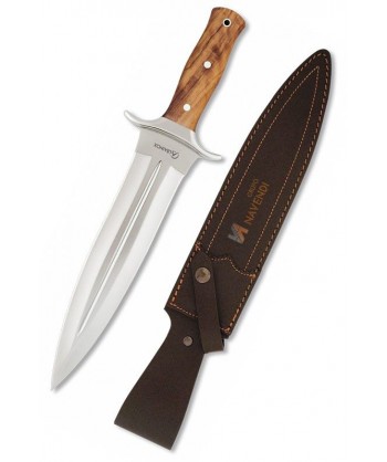 Cuchillo táctico para caza con virola de acero y hoja de 23,5 cm y puño de madera de olivo