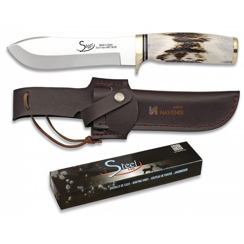 Cuchillo táctico para caza con virola de alpaca y hoja de 14 cm con mango de asta de ciervo