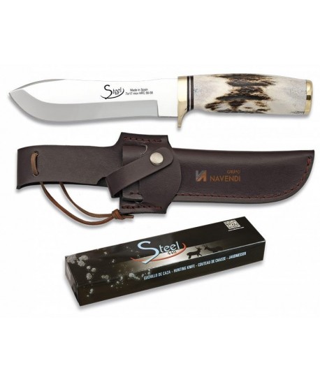 Cuchillo táctico para caza con virola de alpaca y hoja de 14 cm con mango de asta de ciervo