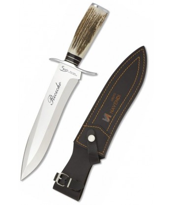 Cuchillo táctico para caza con virola de acero y hoja de 23,5 cm y puño de asta de ciervo