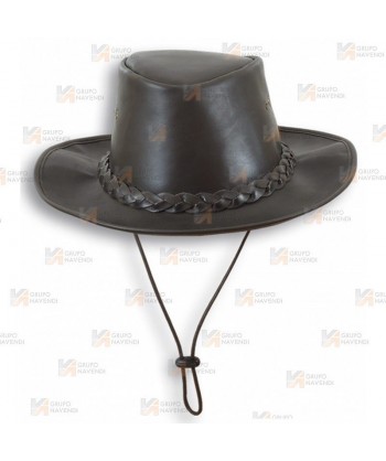 Sombrero de ala ancha de piel color negro. Disponible en tres tallas. Con cordón y tanca de ajuste