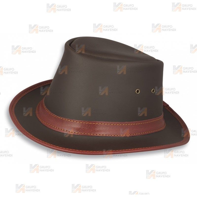 Sombrero de ala estrecha de piel de primera calidad color marrón. Disponible en cuatro tallas.