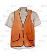 Chaleco multibolsillos color naranja, con cierres frontales con tira de velcro. Dos bolsillos laterales y uno para el móvil
