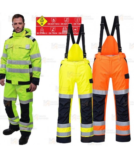 Pantalón ignífugo, antiestático, anti arco, impermeable, de alta visibilidad y con protección química tipo 6