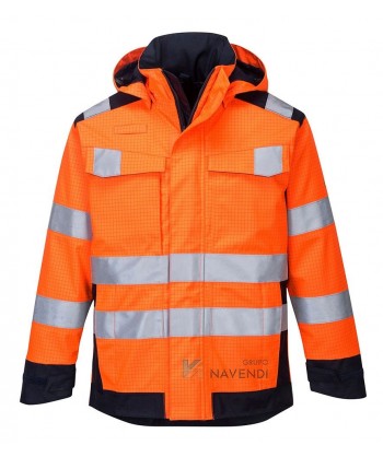 Parka ignífuga, antiestática, anti arco, impermeable de alta visibilidad y con protección química tipo 6