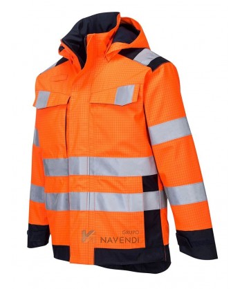 Parka ignífuga, antiestática, anti arco, impermeable de alta visibilidad y con protección química tipo 6
