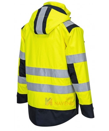 Parka ignífuga, antiestática, anti arco, impermeable de alta visibilidad y con protección química tipo 6