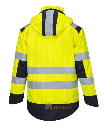 Parka ignífuga, antiestática, anti arco, impermeable de alta visibilidad y con protección química tipo 6