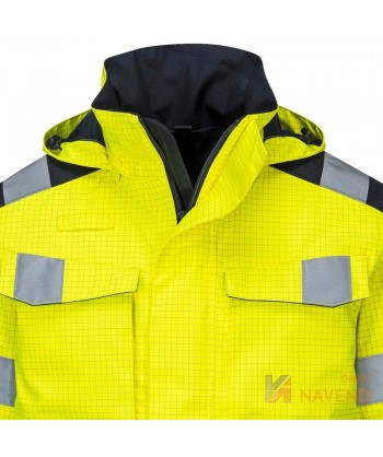 Parka ignífuga, antiestática, anti arco, impermeable de alta visibilidad y con protección química tipo 6
