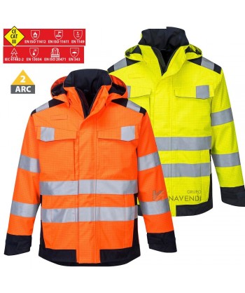 Parka ignífuga, antiestática, anti arco, impermeable de alta visibilidad y con protección química tipo 6