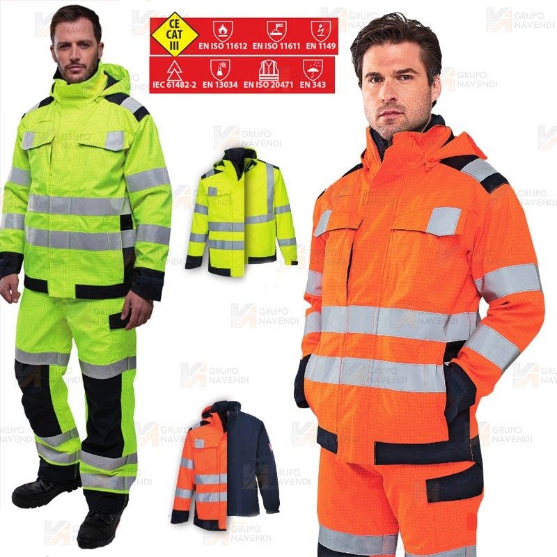 Parka ignífuga, antiestática, anti arco, impermeable de alta visibilidad y con protección química tipo 6
