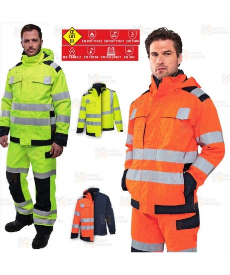 Parka ignífuga, antiestática, anti arco, impermeable de alta visibilidad y con protección química tipo 6