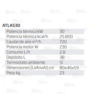 Calefactor a gasoil de 30 kW capaz de aportar 720 m³/h 230V. Combustión directa