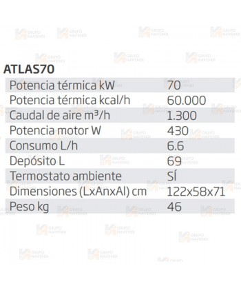Calefactor a gasoil de 70 kW capaz de aportar 1300 m³/h 230V. Combustión directa