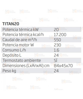 Calefactor a gasoil de 20 kW capaz de aportar 550 m³/h 230V. Combustión indirecta