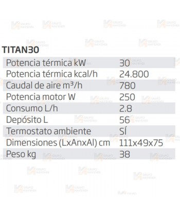 Calefactor a gasoil de 30 kW capaz de aportar 780 m³/h 230V. Combustión indirecta