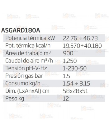Calefactor a gas de 46,8 kW capaz de aportar 900 m³/h  y 40.180 Kcal/h