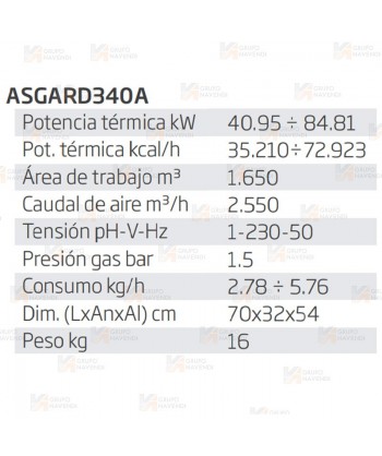 Calefactor a gas de 84,8 kW capaz de aportar 1650 m³/h  y 72.923 Kcal/h