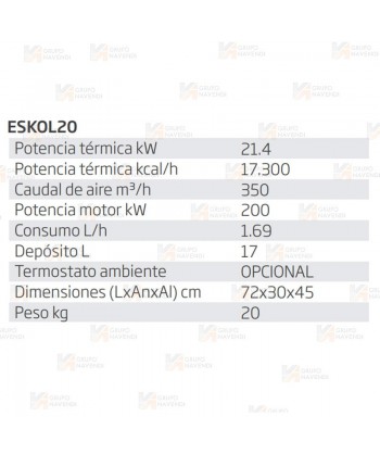 Calefactor a gasoil de 21,5 kW-17300 Kcal/h y capaz de aportar 350 m³/h . Combustión directa