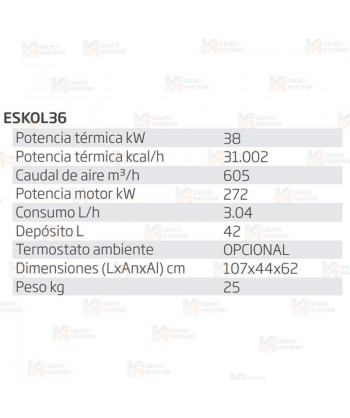 Calefactor a gasoil de 36 kW-31002 Kcal/h y capaz de aportar 605 m³/h .