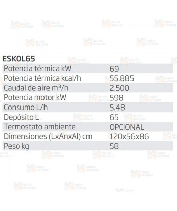 Calefactor a gasoil de 69kW-55.865 Kcal/h y capaz de aportar 2500 m³/h .
