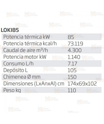 Calefactor a gasoil con chimenea de 85 kW-73.119 Kcal/h y 4.300 m³/h. Combustión indirecta