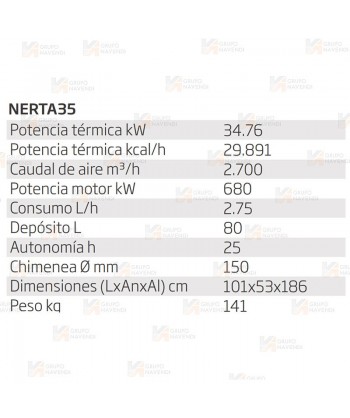 Calefactor a gasoil estacionario de 34,8 kW-29.891 Kcal/h y 2.700 m³/h. Combustión indirecta