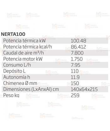 Calefactor a gasoil estacionario de 100.5 kW-86.412 Kcal/h y 7.800 m³/h. Combustión directa