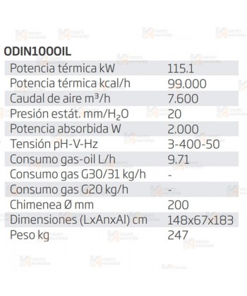 Calefactor a gasoil estacionario de 115.1 kW-99.000 Kcal/h y 7.600 m³/h. Combustión indirecta