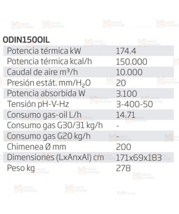 Calefactor a gasoil estacionario de 174,4 kW-150.000 Kcal/h y 10.000 m³/h. Combustión indirecta