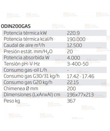 Calefactor a gasoil estacionario de 220,9 kW-190.000 Kcal/h y 12.500 m³/h.