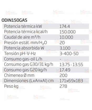 Calefactor a gasoil estacionario de 174,4 kW-150.000 Kcal/h y 10.000 m³/h.