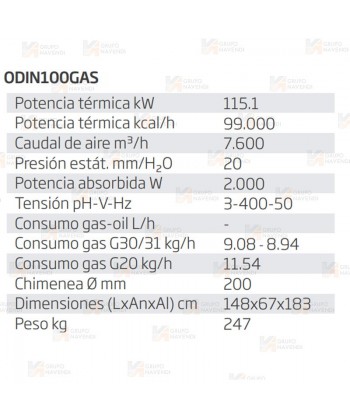 Calefactor a gas estacionario de 115.1 kW-99.000 Kcal/h y 7.600 m³/h.