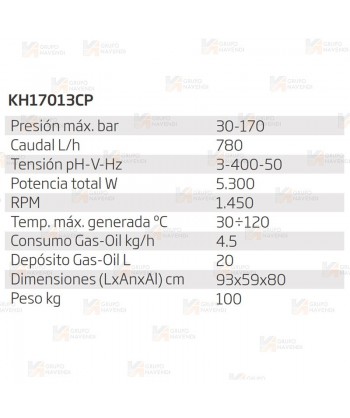 Hidrolimpiadora trifásica de agua caliente, profesional, de 780 l/h a 170 Bar
