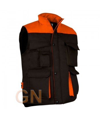 Chaleco acolchado, bicolor, multibolsillos negro/naranja