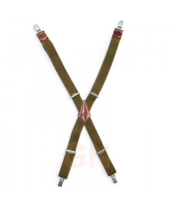 Tirantes  con cuatro pinzas de color verde kaki para delantales y pantalones