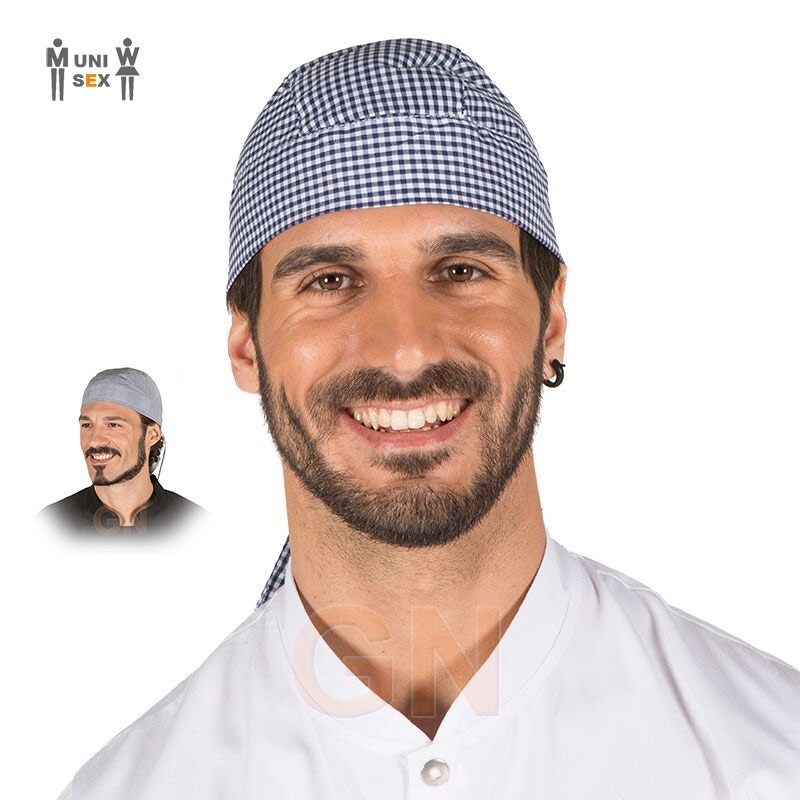Gorro bandana de cuadritos azules y cuadros grises