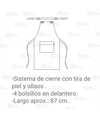 Delantal con peto de loneta a rayas con tira de piel y 4 bolsillos